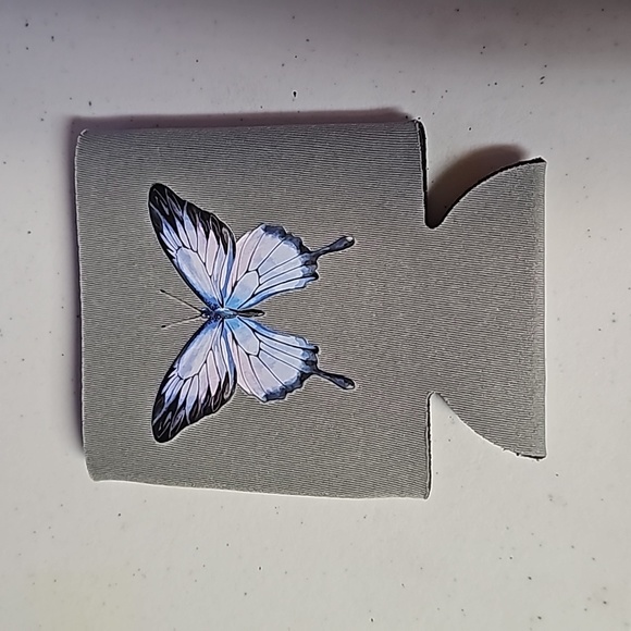 Gray koozie with blue butterfly - Picture 1 of 2